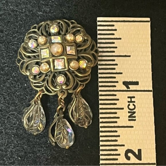 Vintage Banana Bob Bronze Iridescent Stone Dangle Clip On Earrings - Picture 12 of 12